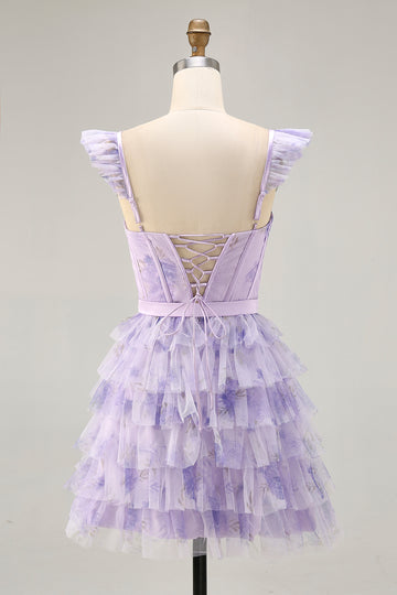 Lilac Floral Ruffled Corset A-Line Homecoming Dress